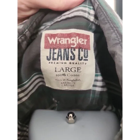 Men's Wrangler Button Up Long Sleeve Green/Gray Flannel Size L 100% Cotton - Picture 5 of 5